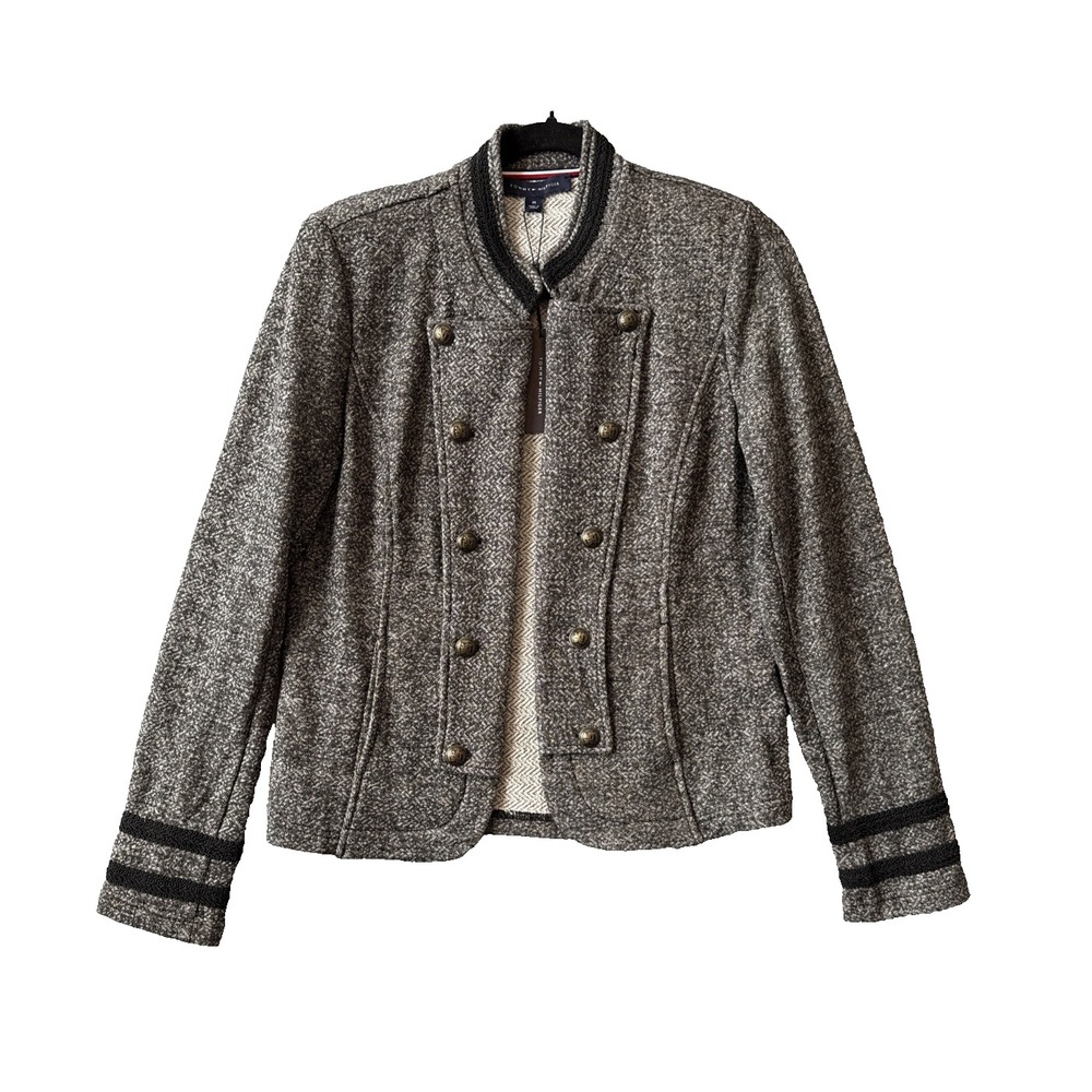 Tommy Hilfiger Military Open Front Band Jacket Gray Marled Knit Blazer M NWT